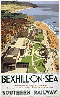 <b class=qtipBold><figcaption>'Bexhill-on-Sea', SR poster, 1947</figcaption></b><br>Poster produced for Southern Railway (SR) to promote rail travel to Bexhill-on-Sea, West Sussex. The poster shows a view of the De-La-Warr Pavilion and East Parade. Artwork by Ronald Lampitt. <br><em>© Please read our licence terms. All digital images must be destroyed unless otherwise agreed in writing.</em> 'Bexhill-on-Sea', SR poster, 1947