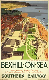 <b class=qtipBold><figcaption>'Bexhill-on-Sea', SR poster, 1947</figcaption></b><br>Poster produced for the Southern Railway (SR) of Bexhill-on-Sea in Sussex, showing the De-La-Warr Pavilion and East Parade. The artwork is by Ronald Lampitt. <br><em>© Please read our licence terms. All digital images must be destroyed unless otherwise agreed in writing.</em> 'Bexhill-on-Sea', SR poster, 1947