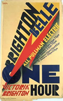 <b class=qtipBold><figcaption>'Brighton Belle', SR poster, 1934</figcaption></b><br>Poster produced for Southern Railway (SR) to promote services between London Victoria and Brighton on the 'Brighton Belle' all pullman electric train, a journey that took one hour. A timetable is printed beneath the central lightning bolt. The lightning bolt and lettering were intended to convey the ideas of speed and modernity. Artwork by Charles 'Shep' Shepherd, who studied art under Paul Woodroffe and was head of the studio at the Baynard Press. He designed posters for the Royal Mail Packet Steam Company and London Transport as well as SR. <br><em>© Please read our licence terms. All digital images must be destroyed unless otherwise agreed in writing.</em> 'Brighton Belle', SR poster, 1934