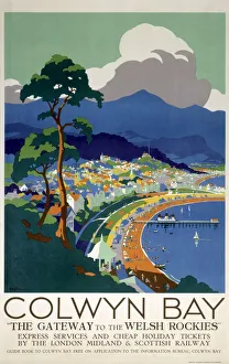 <b class=qtipBold><figcaption>'Colwyn Bay', LMS poster, c 1930s.</figcaption></b><br>Poster produced for London, Midland & Scottish Railway to promote rail travel to the popular coastal resort of Colwyn Bay, Conwy, Wales. The poster shows a view of the seafront, with the town and mountains in the background. Artwork by George Ayling. Dimensions: 1015 mm x 634 mm.<br><em>© Please read our licence terms. All digital images must be destroyed unless otherwise agreed in writing.</em> 'Colwyn Bay', LMS poster, c 1930s.