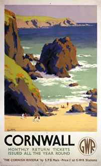 <b class=qtipBold><figcaption>'Cornwall', GWR poster, 1938.</figcaption></b><br>Poster produced for the Great Western Railway (GWR) to promote monthly return tickets to Cornwall. The poster shows holidaymakers on a beach surrounded by rocks and cliffs. Artwork by Herbert Alker Tripp (1883-1954), who had a long and successful career with New Scotland Yard. He painted in his spare time and after his retirement. He designed posters for SR and Great Western Railway (GWR) and was knighted in 1945. Dimensions: 1016 mm x 635 mm.<br><em>© NRM/Pictorial Collection</em> 'Cornwall', GWR poster, 1938.