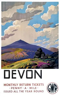 <b class=qtipBold><figcaption>'Devon' GWR poster, 1937.</figcaption></b><br>Great Western Railway poster. Artwork by Cusden. Moorland scene.<br><em>© NRM/Pictorial Collection</em> 'Devon' GWR poster, 1937.