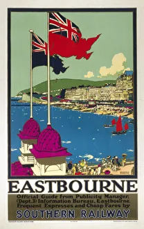 <b class=qtipBold><figcaption>'Eastbourne', SR poster, 1929</figcaption></b><br>Poster produced for the Southern Railway advertising express services and cheap fares to the Sussex coastal resort of Eastbourne. The image shows the resort as seen from a pier, where men and women are shown walking. The beach, promenade and hills are seen in the background, and two flags are flying. Artwork by Kenneth D. Shoesmith (1890- 1939). Printed by Waterlow & Sons Ltd, London, Dunstable and Watford. <br><em>© Please read our licence terms. All digital images must be destroyed unless otherwise agreed in writing.</em> 'Eastbourne', SR poster, 1929