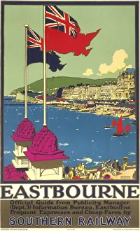 <b class=qtipBold><figcaption>'Eastbourne', SR poster, 1938</figcaption></b><br>Poster produced for the Southern Railway (SR) to promote rail travel to the popular resort of Eastbourne, East Sussex. The poster shows a view of the seafront with the promenade, pavilion and holidaymakers crowding the beach. Artwork by Kenneth Shoesmith (1890-1939), who spent time at sea and painted marine subjects. He was a member of the British School of Poster Designers. Dimensions: 1016 mm x 635 mm. <br><em>© Please read our licence terms. All digital images must be destroyed unless otherwise agreed in writing.</em> 'Eastbourne', SR poster, 1938