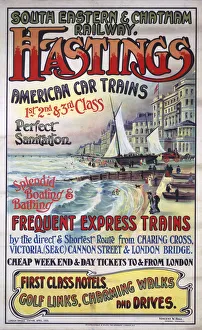 <b class=qtipBold><figcaption>'Hastings', SE&CR poster, 1905</figcaption></b><br>Poster produced for the South Eastern & Chatham Railway (1899-1923) to promote rail services from Charing Cross, Victoria, Cannon Street & London Bridge to Hastings on American car trains. The poster promotes cheap weekend and day tickets to and from London, and the 'splendid boating and bathing', first-class hotels and charming walks and drives that Hastings could offer. The poster is illustrated with a view of the seafront. Artwork by an unknown artist. Dimensions: 1010mm x 630mm. <br><em>© Please read our licence terms. All digital images must be destroyed unless otherwise agreed in writing.</em> 'Hastings', SE&CR poster, 1905