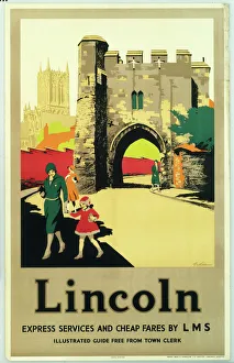 <b class=qtipBold><figcaption>'Lincoln', LMS poster, c 1930s</figcaption></b><br>London, Midland and Scottish Railways poster designed by Picking. <br><em>© Please read our licence terms. All digital images must be destroyed unless otherwise agreed in writing.</em> 'Lincoln', LMS poster, c 1930s