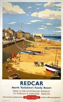 <b class=qtipBold><figcaption>'Redcar', BR poster, 1958.</figcaption></b><br>Poster produced for British Railways (BR) to promote rail travel to Redcar, North Yorkshire. The poster shows a view of the seaside with the promenade, beach and some boats on the sand. Artwork by Frank Sherwin. <br><em>© Please read our licence terms. All digital images must be destroyed unless otherwise agreed in writing.</em> 'Redcar', BR poster, 1958.