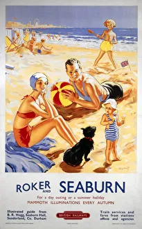 <b class=qtipBold><figcaption>'Roker and Seaburn', BR poster, 1953</figcaption></b><br>Poster produced for British Railways (BR) to promote rail services to Roker and Seaburn, Tyne and Wear. Artwork by Alfred Lambart (1902-1970). <br><em>© Please read our licence terms. All digital images must be destroyed unless otherwise agreed in writing.</em> 'Roker and Seaburn', BR poster, 1953