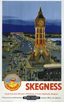 <b class=qtipBold><figcaption>'Skegness', BR poster, 1948-1965</figcaption></b><br>Poster produced for British Railways (BR) to promote rail travel to Skegness in Lincolnshire. Artwork by F Donald Blake. <br><em>© Please read our licence terms. All digital images must be destroyed unless otherwise agreed in writing.</em> 'Skegness', BR poster, 1948-1965