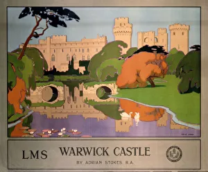 <b class=qtipBold><figcaption>'Warwick Castle', LMS poster, 1924</figcaption></b><br>London Midland & Scottish Railway poster. Artwork by Adrian Stokes. <br><em>© Please read our licence terms. All digital images must be destroyed unless otherwise agreed in writing.</em> 'Warwick Castle', LMS poster, 1924