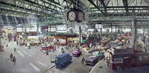 <b class=qtipBold><figcaption>Waterloo Station, London, 1967.</figcaption></b><br>Oil painting by Terence Cuneo (1907-1996) showing a view of the concourse at Waterloo Station, London, as seen from the first floor British Rail Southern Regional boardroom windows. Steam locomotives, the station clock, and kiosks are shown alongside passengers, porters and politicians of the day.<br><em>© Science Museum</em> Waterloo Station, London, 1967.
