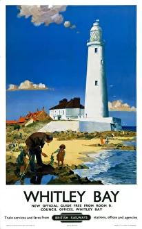<b class=qtipBold><figcaption>'Whitley Bay', BR poster, 1951.</figcaption></b><br>Poster produced for British Railways (BR) to promote train services to Whitley Bay, Tyne and Wear. Artwork by F Donald Blake.<br><em>© NRM/Pictorial Collection</em> 'Whitley Bay', BR poster, 1951.