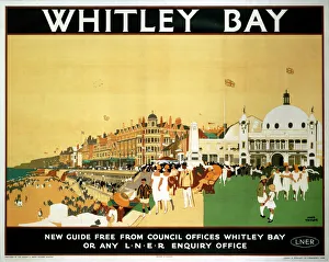 <b class=qtipBold><figcaption>'Whitley Bay', LNER poster, 1930</figcaption></b><br>Poster produced by London & North Eastern Railway (LNER) to promote train services to Whiteley Bay, Tyne and Wear. Artwork by Fred Taylor (1875-1963), who was commissioned in 1930 to design four ceiling paintings for the Underwriting Room at Lloyd's and murals for Reed's Lacquer Room. He exhibited at the Royal Academy and other London galleries and worked for the Empire Marketing Board, LNER, London Transport and several shipping companies. <br><em>© Please read our licence terms. All digital images must be destroyed unless otherwise agreed in writing.</em> 'Whitley Bay', LNER poster, 1930