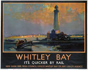 <b class=qtipBold><figcaption>'Whitley Bay', LNER poster, 1933</figcaption></b><br>Poster produced for London & North Eastern Railway (LNER) to promote rail travel to Whitley Bay, Tyne and Wear. The picture shows a view of the bay, with two fishermen in a boat in the foreground, a lighthouse in the middleground and the town in the distance. Artwork by Frank Henry Mason, who was educated at HMS Conway and spent time at sea. He painted marine and coastal subjects and was involved in engineering and shipbuilding. He designed railway posters for the North Eastern Railway (NER), Great Western Railway (GWR) and London & North Eastern Railway (LNER). Dimensions: 1016 mm x 1270 mm. <br><em>© Please read our licence terms. All digital images must be destroyed unless otherwise agreed in writing.</em> 'Whitley Bay', LNER poster, 1933
