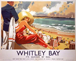 <b class=qtipBold><figcaption>'Whitley Bay', LNER poster, 1939</figcaption></b><br>Poster produced by London & North Eastern Railway (LNER) to promote rail services to Whitley Bay, Tyne and Wear. The poster shows a woman in a large sunhat sitting on the ledge of the promenade, smiling up at a man standing behind her. Artwork by Frank Newbould (1887-1951), who studied at Bradford College of Art and joined the War Office in 1942. He also designed posters for the GWR (Great Western Railway), Orient Line and Belgian Railways. Dimensions: 1016 mm x 1270 mm. <br><em>© Please read our licence terms. All digital images must be destroyed unless otherwise agreed in writing.</em> 'Whitley Bay', LNER poster, 1939