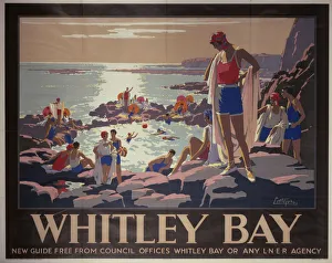 <b class=qtipBold><figcaption>'Whitley Bay', LNER poster, c 1929</figcaption></b><br>Poster produced for London & North Eastern Railway (LNER) to promote the popular coastal resort of Whitley Bay, Tyne and Wear. The poster shows bathing belles in swimming costumes in the sea and lounging on the rocks. Artwork by John Littlejohns, who wrote books on art and illustrated books for children as well as designing posters for LNER. Dimensions; 1016 mm x 1270 mm. <br><em>© Please read our licence terms. All digital images must be destroyed unless otherwise agreed in writing.</em> 'Whitley Bay', LNER poster, c 1929