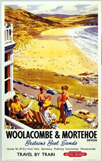 <b class=qtipBold><figcaption>'Woolacombe & Mortenhoe', 1960.</figcaption></b><br>British Rail poster depicting a sunny view of a beach from a hotel balcony. A family gather in the foreground. Artwork by Harry Riley.<br><em>© NRM/Pictorial Collection</em> 'Woolacombe & Mortenhoe', 1960.